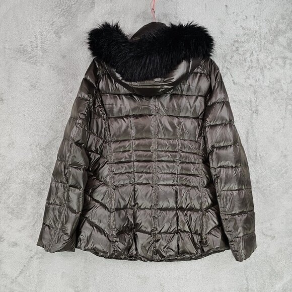 Calvin Klein Duck Down Puffer Jacket Womens Size M Brown Faux Fur Trim Hood - Picture 2 of 10